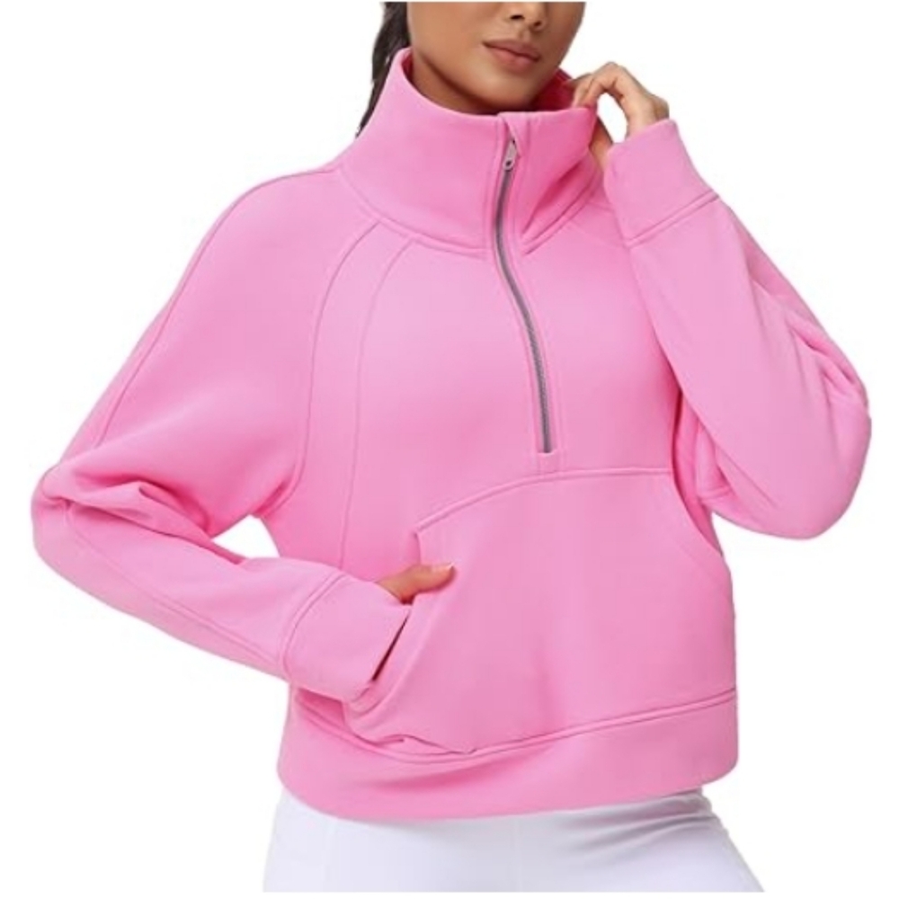 Half Zip Pullover Fleece Stand Collar Crop Sweatshirt with Pockets Pink